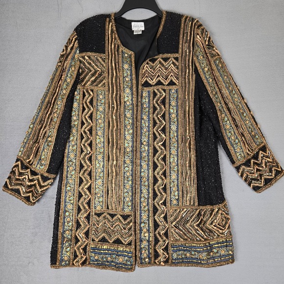 Judith Ann Sequin Duster Jacket Womens Large Embellished Evening Coat VTG 80s‎